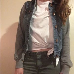 Denim jacket with grey sleeves